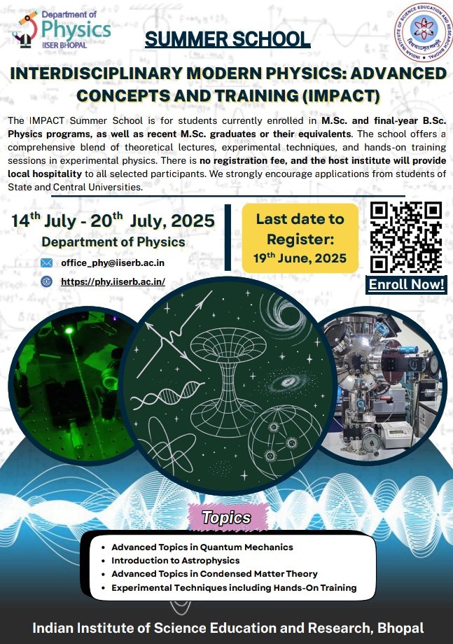 Department of Physics, IISER Bhopal (@phy_iiserb) on Twitter photo ๐ข We have extended the application deadline to 19th June 2025! Hurry up and apply for the first IMPACT summer school happening <a href="/iiserbhopal/">IISER Bhopal</a>! see details in the pic ๐๐ผ ๐ข We have extended the application deadline to 19th June 2025! Hurry up and apply for the first IMPACT summer school happening <a href="/iiserbhopal/">IISER Bhopal</a>! see details in the pic ๐๐ผ