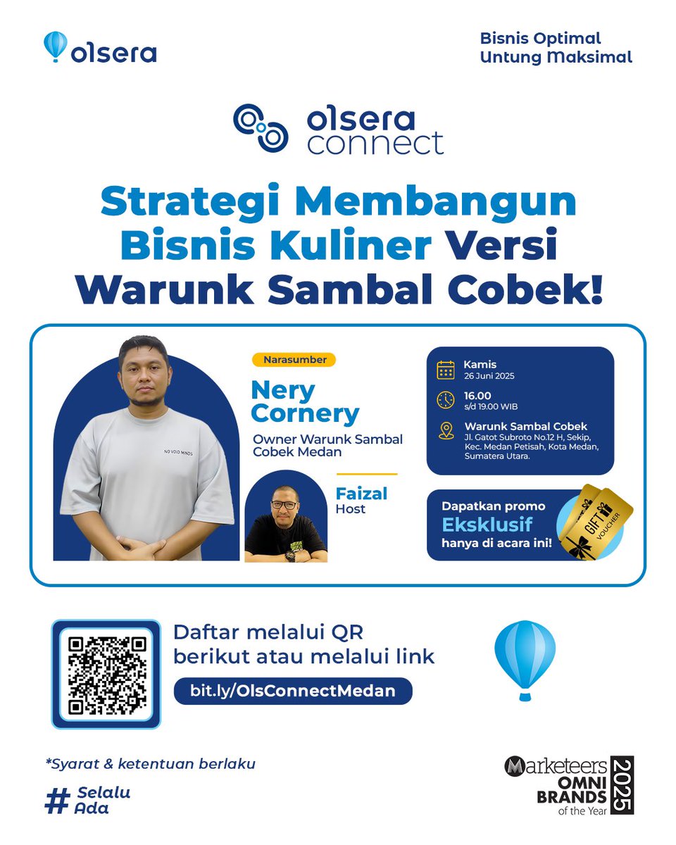 Punya cita-cita bangun bisnis kuliner? 

Yuk bahas tuntas tentang Strategi Membangun Bisnis Kuliner ✨ Catat tanggalnya:
📆 Kamis, 26 Juni 2025
⏰ 16.00-19.00
📍 Warunk Sambal Cobek, Jl. Gatot Subroto No. 12 H, Medan.

Daftarnya gratis melalui link bit.ly/OlsConnectMedan