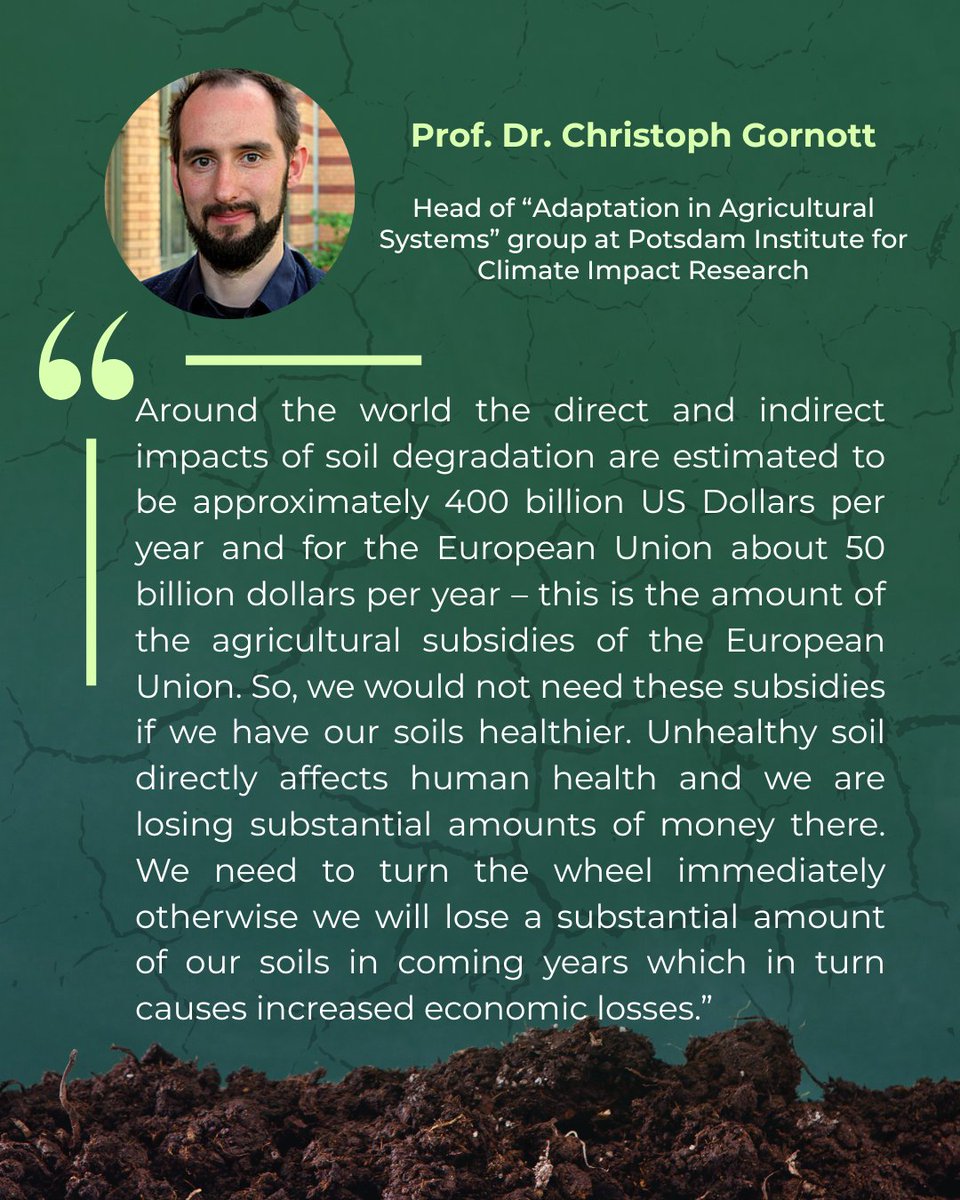 cpsavesoil's tweet photo. 🌍 What is the real cost of degraded soils?
In a recent high-level panel discussion, leading voices from science, farming, and finance shared bold insights into how soil health shapes not just agriculture—but our economy, climate, and well-being.

📢 Prof. Gornott urged reforming EU subsidies to support healthy soils.
🌱 Benedikt Bösel called for debt relief and real incentives for farmers.
💡 Dr. Stuchtey challenged us to rethink land as living wealth, not just a resource to extract from.

Their message is clear: We must value and regenerate our soil—before the true cost becomes irreversible.

#SaveSoil

@BenediktBoesel @PIK_Climate @TheLandbanking