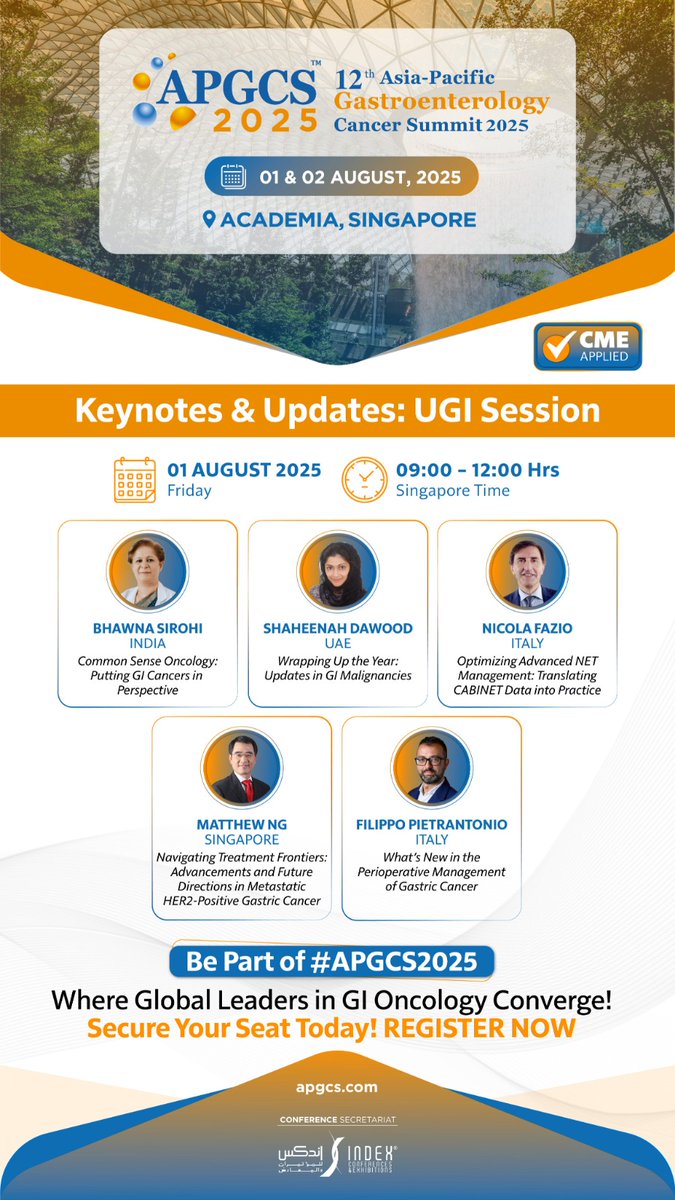 Kicking off #APGCS2025 with powerful insights!

Join us for “Keynotes &amp; Updates: UGI Session” on Aug 1 | 09:00–12:00 SGT.

Gain the latest perspectives in Upper GI cancer care from leading experts.

🔗 Register now: apgcs.com/register

#UGI #MedicalConference #Singapore