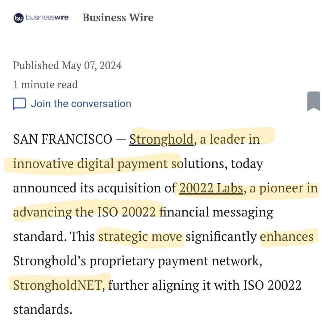 One year ago, the majority assumed <a href="/strongholdpay/">Stronghold</a> acquiring <a href="/20022labs/">20022 Labs</a> as "not a big deal."

But today, as <a href="/FRBservices/">Federal Reserve Financial Services</a> asks, "Are you ready?" my question is: are you really ready??

#ISO20022 upgrade is here.

$SHX is ready. 🚀

It feels surreal.