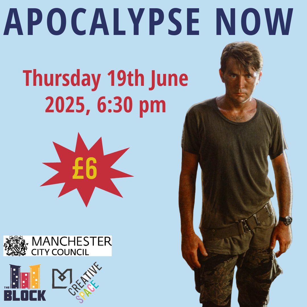 Our next screening is Apocalypse Now. A US Army officer serving in Vietnam is tasked with assassinating a renegade Special Forces Colonel who sees himself as a god  🎬

Tickets can be purchased online or on the door 🎟️ 
 
blockcinema.org