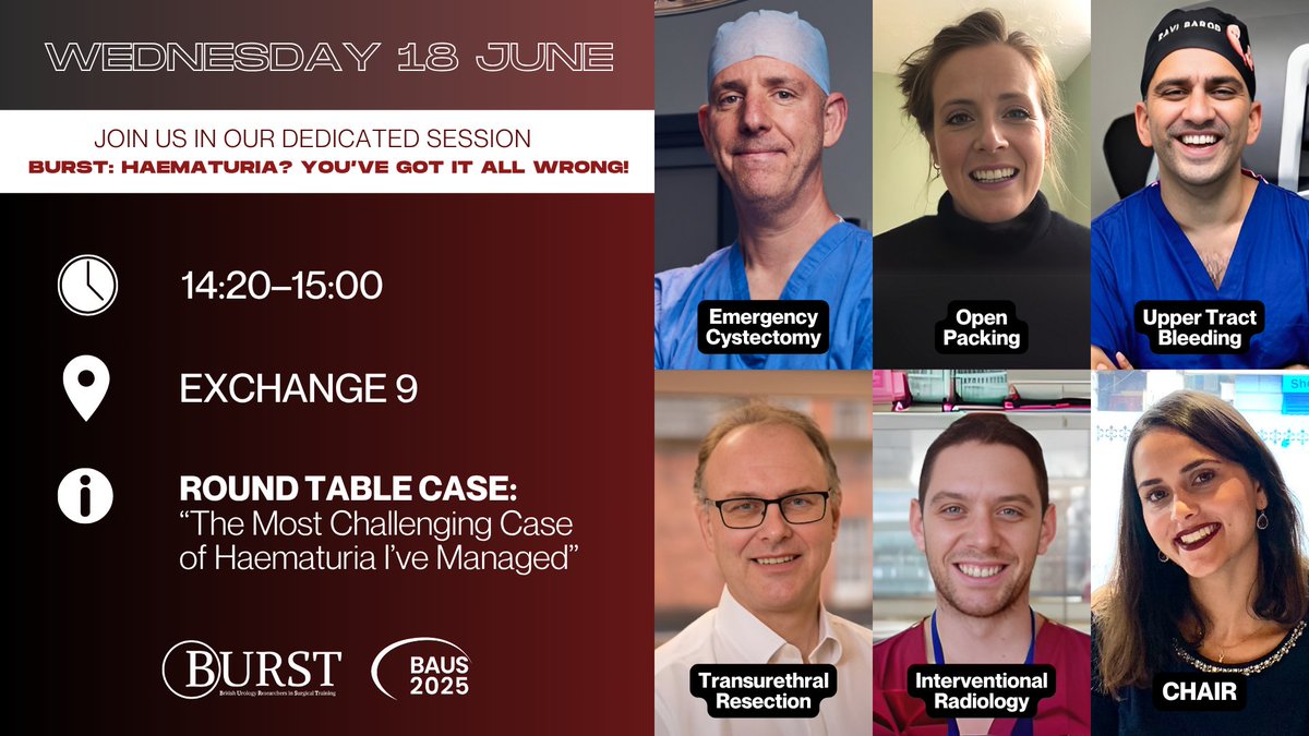 🩸 The ULTIMATE Round Table at #BAUS25! 

🗓️ Wed 18 June | 🕒 14:20-15:00 | 📍 Exchange 9

🔥 "The Most Challenging Case of Haematuria I've Managed"

5️⃣ expert surgeons share their most COMPLEX cases:
🚨 Emergency Cystectomy
🩸 Interventional Radiology  
⚡ Transurethral