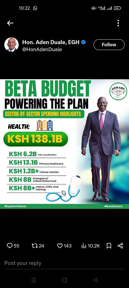 <a href="/UHCmedicsKe/">UHC Medics ke</a> <a href="/HonAdenDuale/">Hon. Aden Duale, EGH</a> <a href="/WilliamsRuto/">William Samoei Ruto, PhD</a> <a href="/JohnMbadiN/">Hon. FCPA John Mbadi Ng'ongo, EGH</a> <a href="/HonAdenDuale/">Hon. Aden Duale, EGH</a> ,<a href="/fnoluga/">Dr. Ouma Oluga, OGW</a> ,<a href="/psmuthoni/">Mary Muthoni Muriuki, CBS, HSC</a> ,<a href="/MOH_Kenya/">Ministry of Health</a> 6.2b is NOW AVAILABLE. confirm <a href="/UHCmedicsKe/">UHC Medics ke</a> immediately to restore labour harmony among <a href="/UHCmedicsKe/">UHC Medics ke</a> .<a href="/NAssemblyKE/">National Assembly KE</a> has done it's part, kenyans should not continue suffering due to ongoing <a href="/UHCmedicsKe/">UHC Medics ke</a> strike.Restore labour harmony