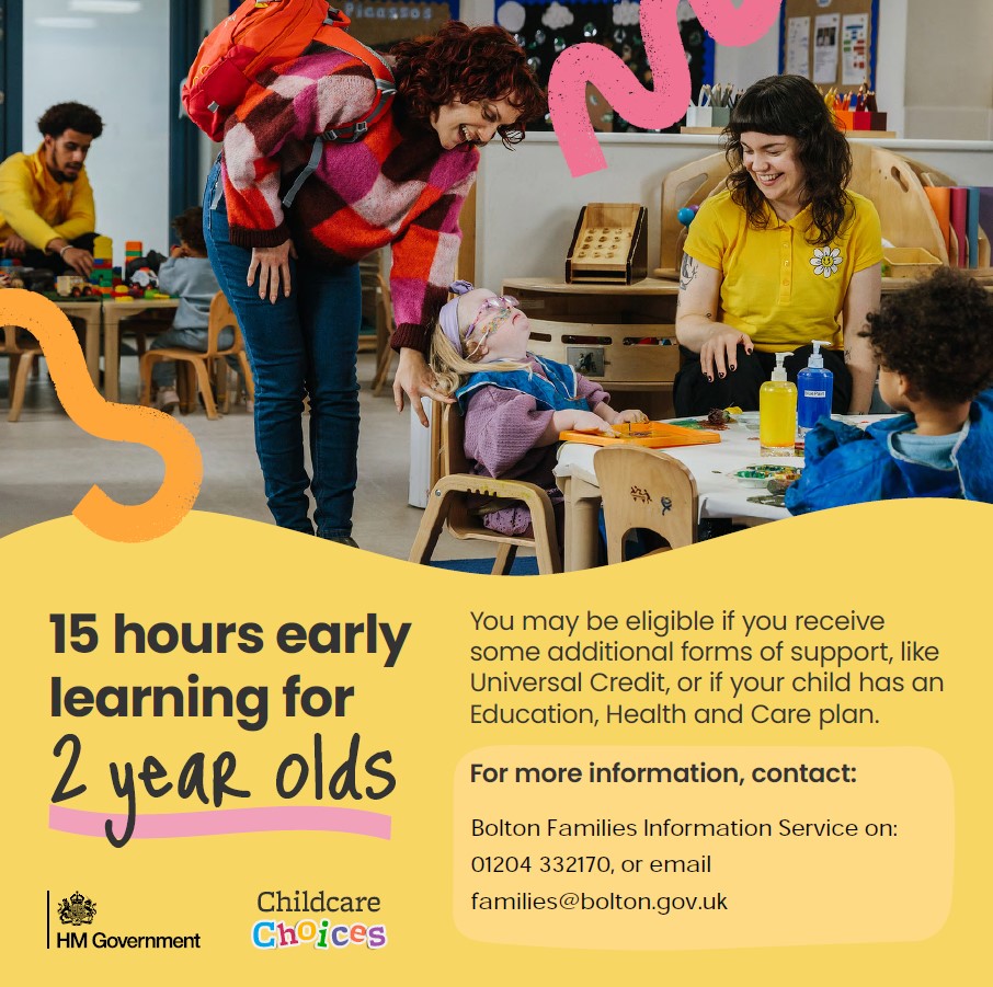 If you receive some types of Government support, including Universal Credit, or your child has an Education, Health and Care (EHC) plan, you could get 15 hours #childcare for your 2 year old.

Check your eligibility:
👉 bolton.gov.uk/childcare

#ChildcareChoices