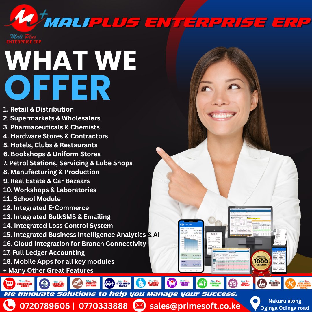 MaliPlusERP's tweet image. Take your business to the next level with us.
Retail, schools, petrol stations, manufacturing, you name it.
Mobile apps, cloud sync, BI &amp;amp; AI tools built in.
Manage your success with us.
#ERPSoftware #MaliplusERP #PrimesoftSolutions #KenyaTech #DigitalTransformation