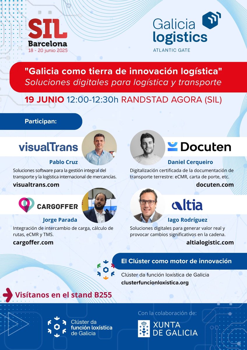 Clúster da función loxística de Galicia (@clusterfunlox) on Twitter photo ¡La próxima semana estaremos en el <a href="/SILBarcelona/">SIL Barcelona</a>!
📌 STAND B255
Y tenemos el evento "Galicia como tierra de innovación logística"
📅 19 de junio
⏰ 12:00-12:30h
📍 RANDSTAD AGORA
Innovación desde Galicia!
#SIL2025 #Internacionalización #Innovación #GaliciaLogistics #Equipo ¡La próxima semana estaremos en el <a href="/SILBarcelona/">SIL Barcelona</a>!
📌 STAND B255
Y tenemos el evento "Galicia como tierra de innovación logística"
📅 19 de junio
⏰ 12:00-12:30h
📍 RANDSTAD AGORA
Innovación desde Galicia!
#SIL2025 #Internacionalización #Innovación #GaliciaLogistics #Equipo