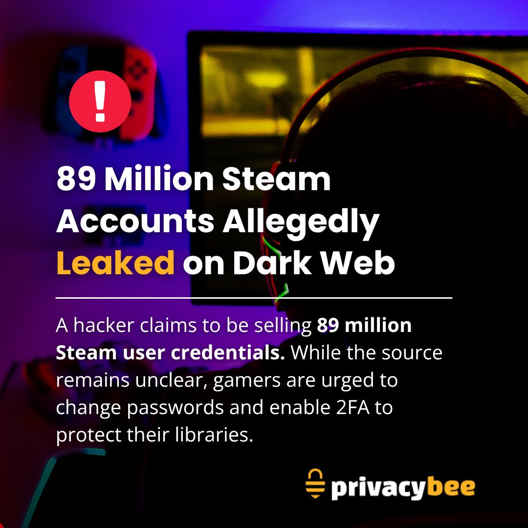 privacy_bee's tweet image. 89M Steam accounts may be leaked &amp;amp; up for sale on the dark web—for just $5K. Even with 2FA, phishing risks are real. Update your password &amp;amp; review your security now. Stay safe—get long-term protection at Privacy Bee. #Steam #DataBreach #GamerAlert #CyberSecurity #PrivacyBee