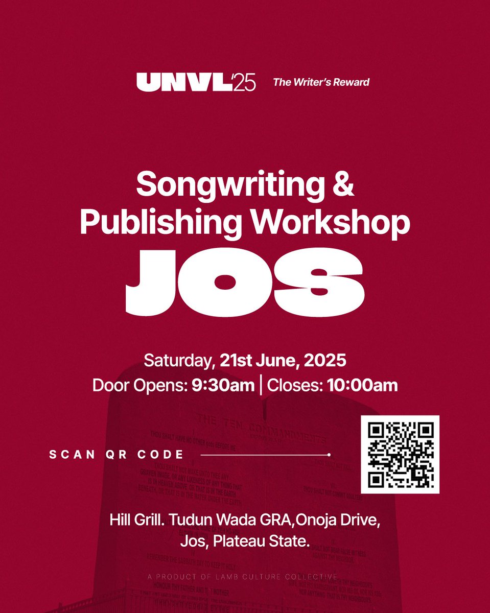 unvlafrica's tweet photo. Mark your calendar, UNVL JOS date and time UNVeiLed 🗓️ registration link in bio.
#unvl #unvl25 #unvlafrica #lambculture #lambculturecollective #thewritersreward #jos #christianandgospel #afrogospel #joscity #publishing #songwritting #workshop https://t.co/81qSpkARJ7