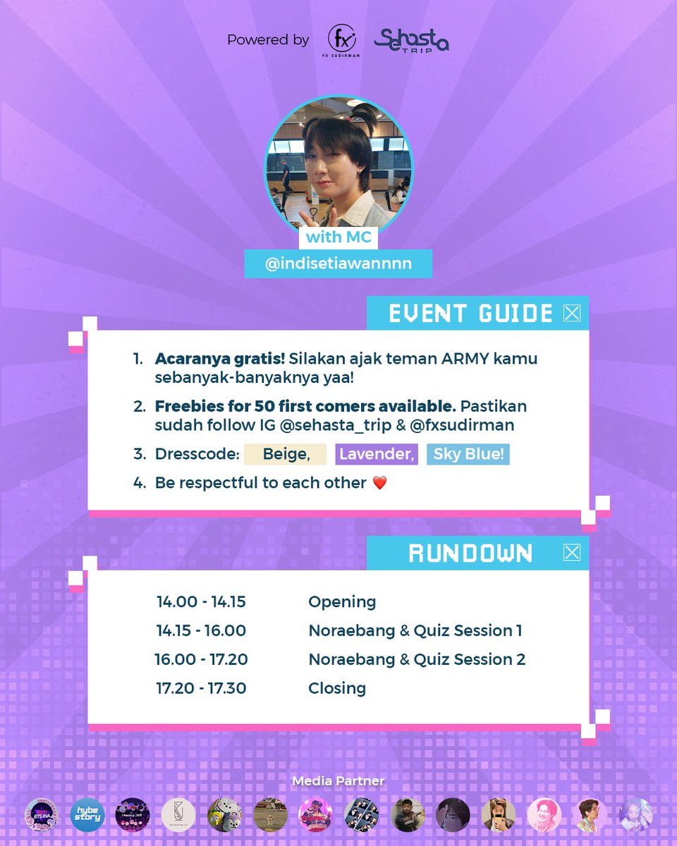 sehasta_trip's tweet photo. Powered by fX Sudirman & @sehasta_trip 

💜 BTS HOMECOMING PARTY 💜
Warmth returns — the long awaited year is here!

Mark your calendar, INDOMY ✨
📍Atrium F3, fX Sudirman
🗓️ 21 Juni 2025
🕰️ 14.00 - 17.30 WIB

THIS IS A FREE NORAEBANG EVENT! Nantikan juga kuis berhadiah official merch 🥳🎉

Buat yang cari barengan bisa gabung WAGnya di link https://t.co/RRYFg7ExuE. Yuk ajak ARMY bestie-mu buat nyanyi dan have fun bareng di momen istimewa ini 🥰 

#btshomecomingparty #btsarmy #indomy #방탄소년단 #fxsudirman17thanniversary