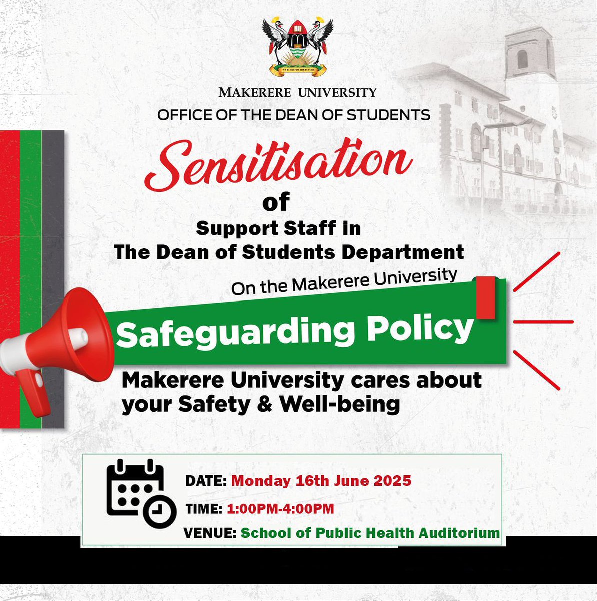 DOS_Makerere's tweet image. Together with the @MastercardFdn @Makerere we are determined to create a safer working environment. We are hosting a safeguarding sensitization meeting for all staff under the Department on Monday 16th June at the @MakSPH auditorium near Eastern gate.
All staff are invited.