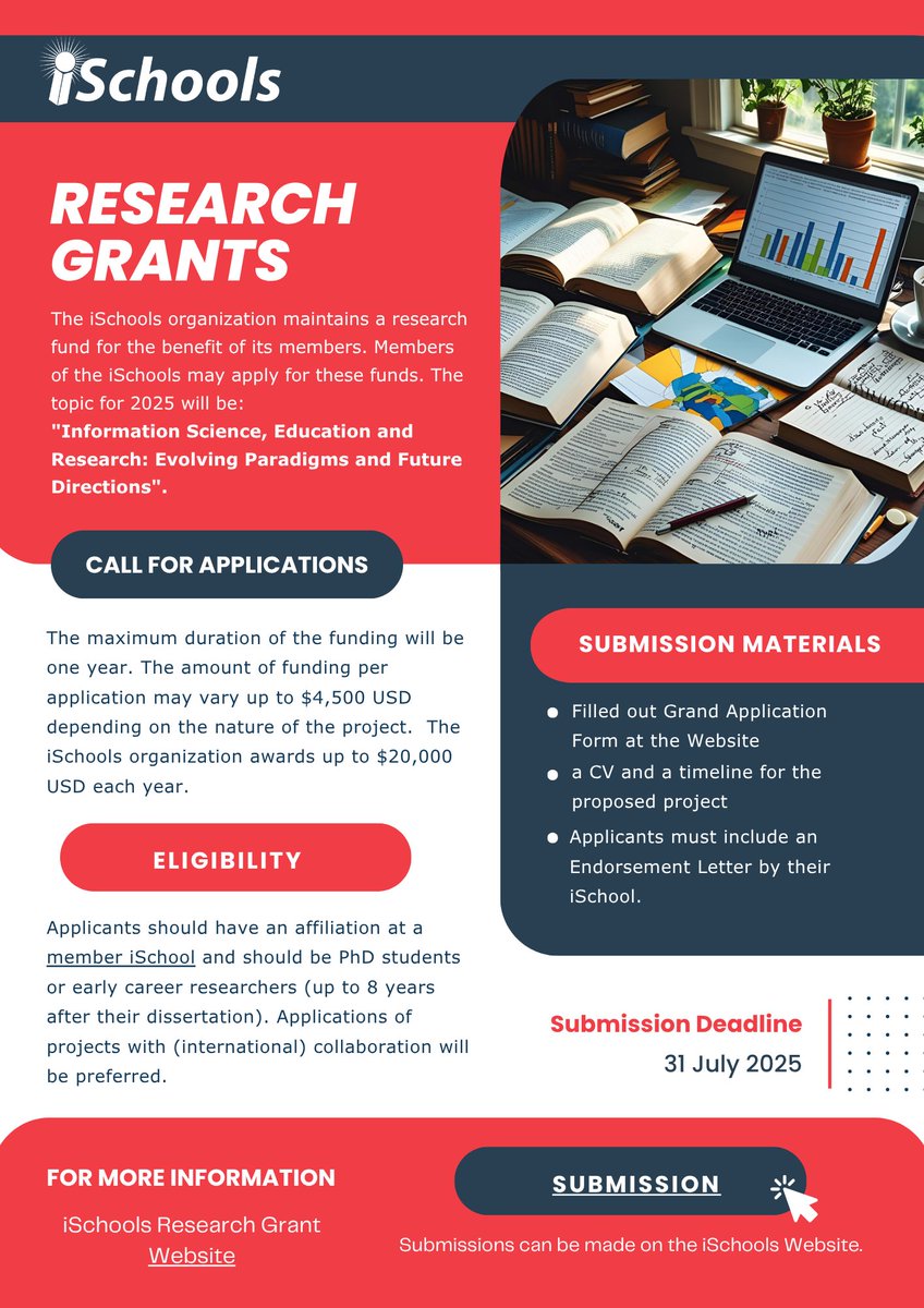 iSchools Research Grant Call for Applications! 
Topic:  "Information Science, Education and Research: Evolving Paradigms and Future Directions" 
Target group: member iSchool PhD students or early career researchers 
Grant: max 4,500 USD each
Read more: ischools.org/research-grants
