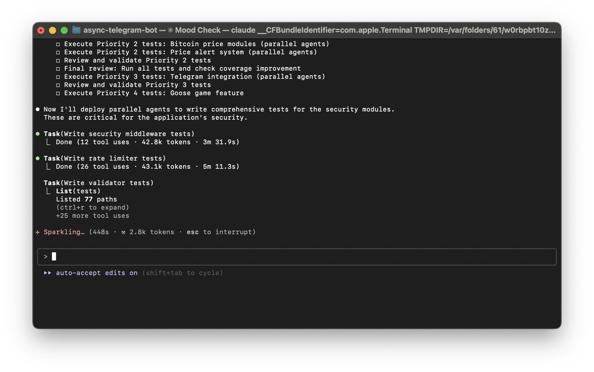 Bart_Mol's tweet image. You can ask Claude Code to divide the workload into multiple tasks and run agents in parallel for each one. This approach works well when agents can operate on different files. I've used it to create test files for my Telegram bot.
