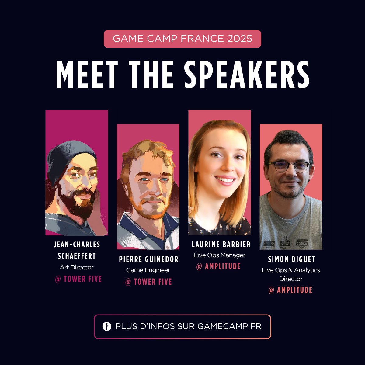 GameCampFrance's tweet image. ANNONCE SPEAKERS #11 🎙️
Voici de nouveaux speakers qui seront présent·e·s au #GameCamp :
• Jean-Charles Schaeffert & Pierre Guinedor de @TowerFiveStudio :
“Empire of the Ants, rétrospective graphique et technique"
• Laurine Barbier & Simon Diguet d'@Amplitude :
“Collecter,…