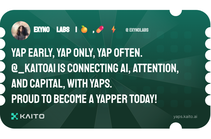 Yap early, yap only, yap often.

<a href="/KaitoAI/">Kaito AI 🌊</a> is connecting AI, attention and capital with Yaps.

Just claimed my social card and I'm accumulating Yap points in real-time.

Claim yours 👉 yaps.kaito.ai/referral/14594…