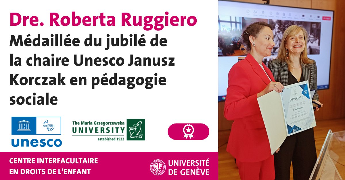 Le 10 mai dernier, la Dre. Roberta Ruggiero, maître d’enseignement et de recherche à la Faculté de droit et directrice du Children’s Rights Academy du Centre interfacultaire en droits de l’enfant (CIDE), s’est vu remettre la Médaille du jubilé de la chaire Unesco Janusz Korczak