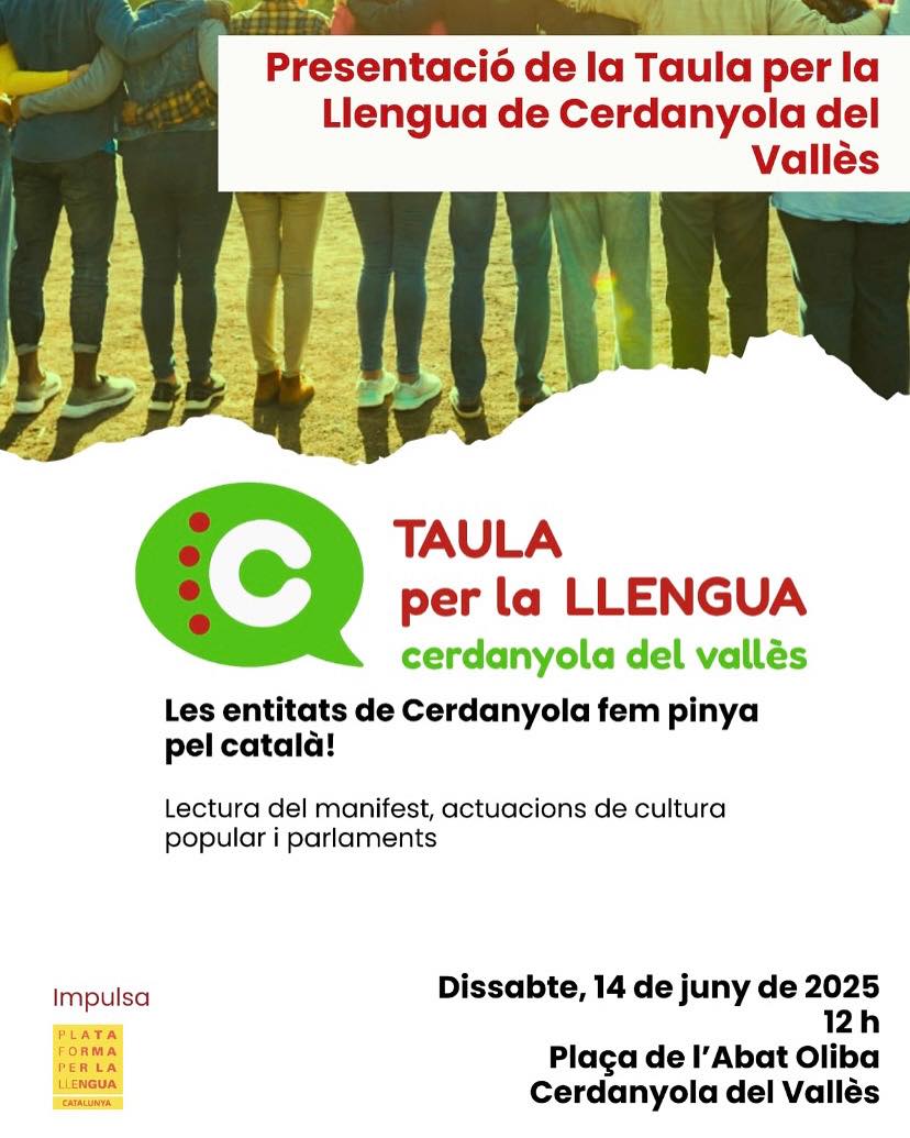 CNLVallèsOccidental3 (@cnlvo3) on Twitter photo Més de 45 entitats compromeses amb un objectiu comú: fer créixer l'ús social del català a tots els racons de #Cerdanyola! Acte de presentació de la Taula per la llengua de Cerdanyola: 14 de juny, a les 12 h, a la plaça Abat Oliba!
<a href="/llenguacat/">Plataforma per la Llengua 📢</a> Més de 45 entitats compromeses amb un objectiu comú: fer créixer l'ús social del català a tots els racons de #Cerdanyola! Acte de presentació de la Taula per la llengua de Cerdanyola: 14 de juny, a les 12 h, a la plaça Abat Oliba!
<a href="/llenguacat/">Plataforma per la Llengua 📢</a>