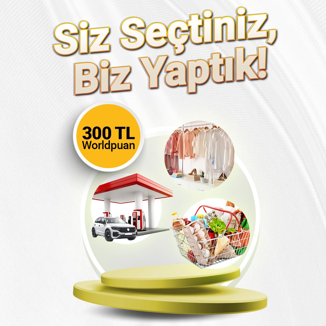 Siz Seçtiniz, Biz Yaptık!

Haziran ayına özel; sizin seçtiğiniz kampanya kapsamında 3-30 Haziran 2025 tarihleri arasında giyim, gıda ve akaryakıt sektörlerinin her birinden farklı günlerde ve tek seferde yapacağınız 1.500’er TL ve üzeri alışverişinize 300 TL Worldpuan hediye.