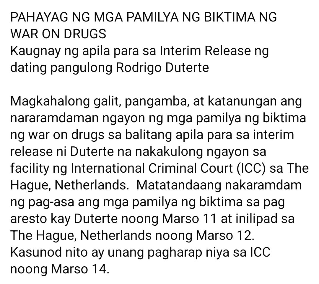PAHAYAG NG MGA PAMILYA NG BIKTIMA NG WAR ON DRUGS 
Kaugnay ng apila para sa Interim Release ni Rodrigo Duterte 

Magkahalong galit, pangamba, at katanungan ang nararamdaman ngayon ng mga pamilya ng biktima ng war on drugs. 

Basahin nang buo: facebook.com/share/p/1BZb4S…