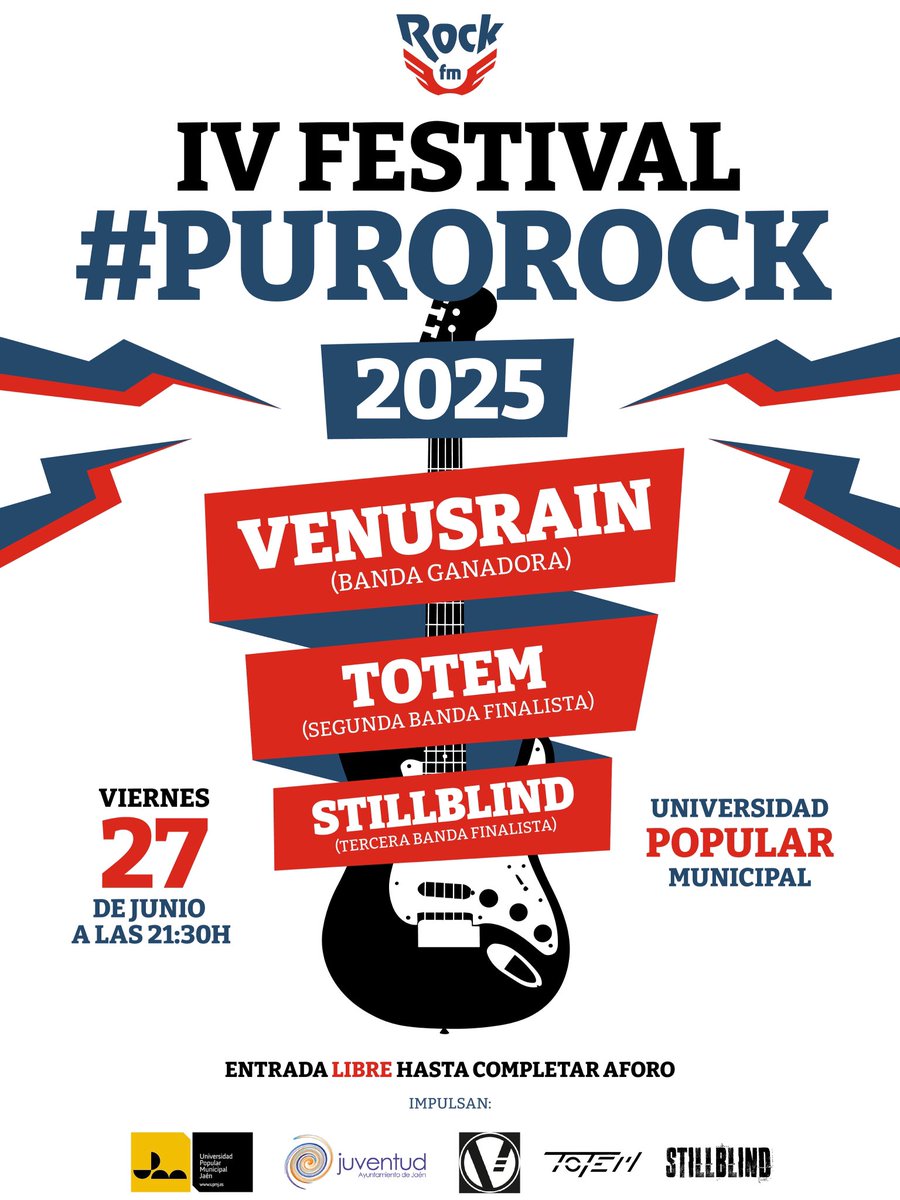El viernes 27 de junio a las 21:30h te esperamos en la <a href="/upmjaen/">Universidad Popular Municipal de Jaén</a> de Jaén para disfrutar del IV Festival #PuroRock con @venusrainmusic  @sti11blind y totem.progrock.

Organiza <a href="/RockFM_ES/">RockFM</a> junto a la Concejalía de Juventud.
¡No faltes! 🔥🎶