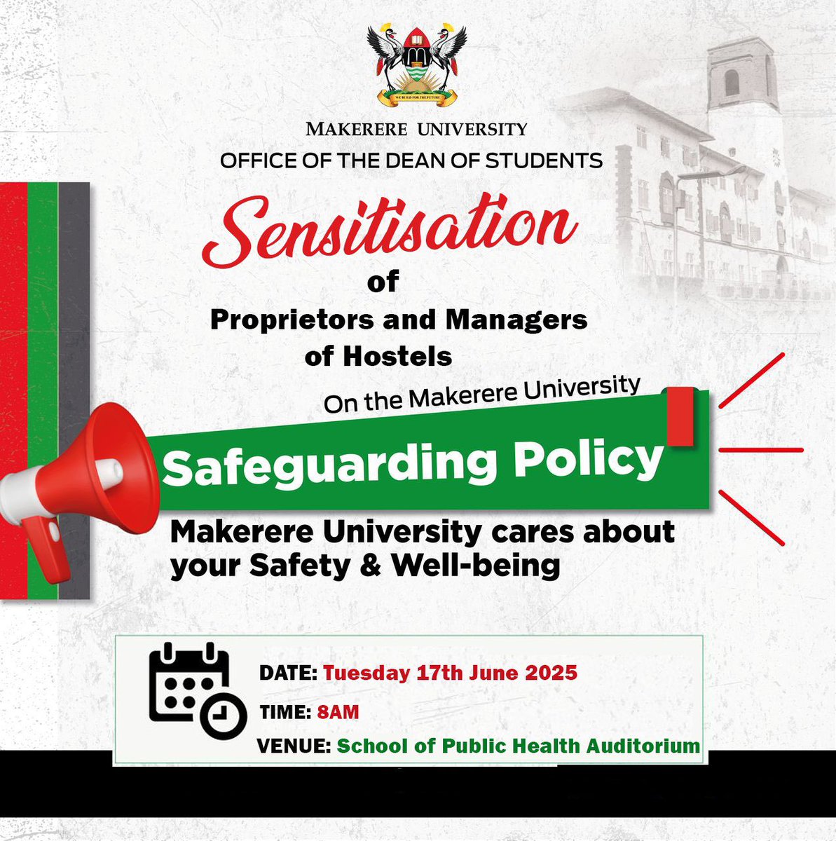 DOS_Makerere's tweet image. Our students in Hostels are not left out: We shall carry out a policy dissemination and sensitization process with Hostel managers and staff to have our students protected beyond campus premises. As we prepare to receive the fresher for academic year 2025/2026 @MakerereNews