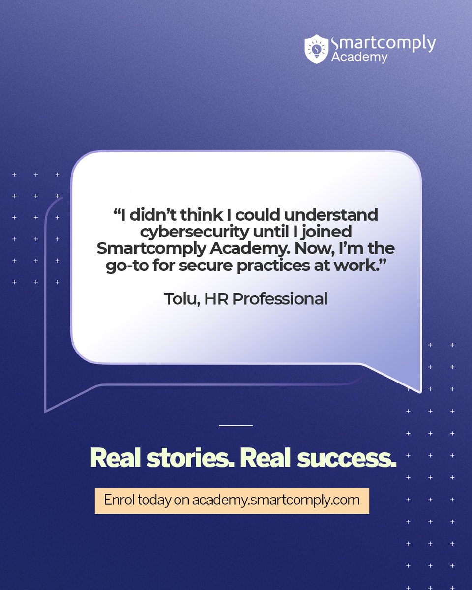 smart_c_academy's tweet image. They started with doubt—now they lead with confidence.

Tolu went from zero tech knowledge to cybersecurity champion at work.

Your turn? 👉 academy.smartcomply.com

#CybersecurityMadeEasy #TechForAll