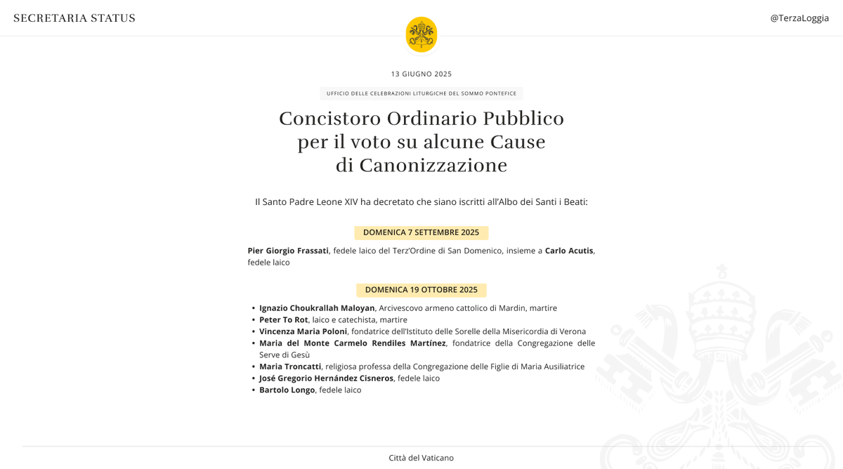 Il Santo Padre Leone XIV ha presieduto la celebrazione dell’Ora Terza e il Concistoro Ordinario Pubblico per la Canonizzazione di alcuni Beati.