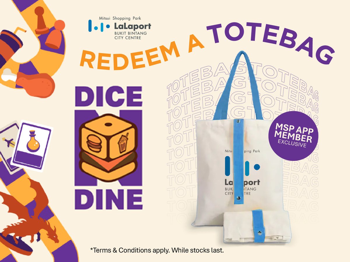 Here’s how you can redeem a FREE totebag at Dice ’N Dine! All you need to do is download the Mitsui Shopping Park app and scan the QR code at our Registration Counter.

Stocks are limited, so be sure to come quick!

📅 June 14 - 15
📌 Cafeteria, LG1, LaLaport BBCC
🎫 FREE ENTRY!