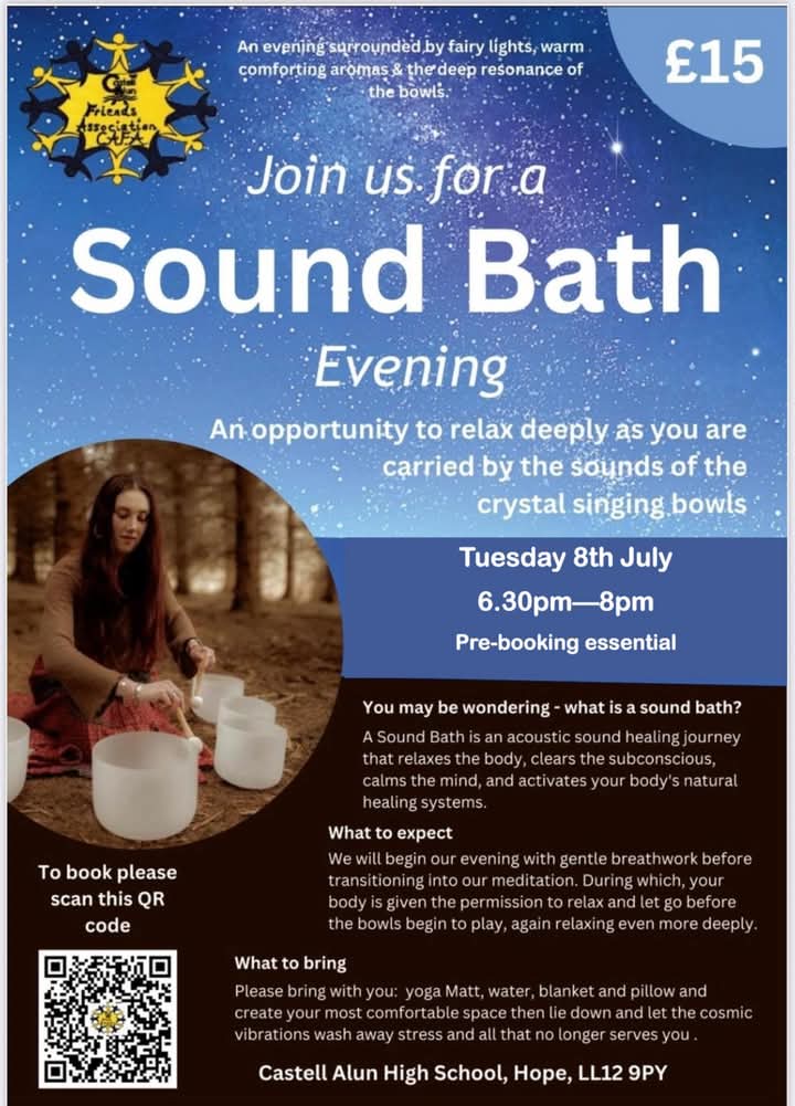 CastellAlunFA's tweet image. Our next sound bath is Tuesday, 8 July @CastellAlun 6.30pm - 8pm. Tickets are £15. Bring along a yoga mat, blankets and pillows to help you get comfortable on the floor, or a camping chair if more comfortable for you. 

Pre booking essential via:

…un-friends-association.sumupstore.com