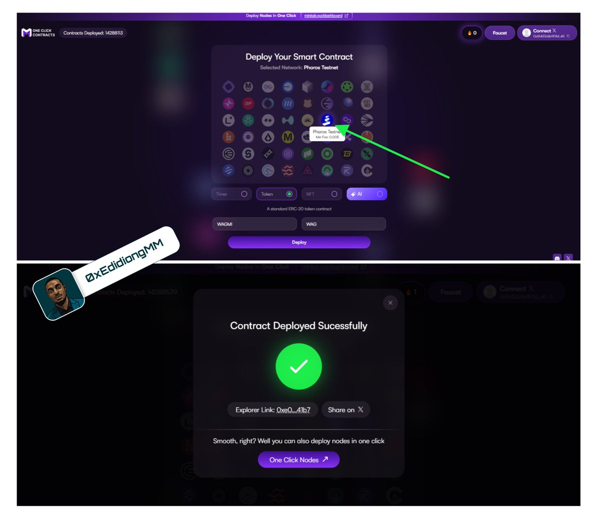 Michael Eddie (@micedidiong) on Twitter photo Deploy contract on <a href="/pharos_network/">Pharos | Testnet Live</a> ( $PHRS )
➡ Visit - contracts.mintair.xyz
➡ Select Pharos network
➡ Select token (give it a name and ticker)
➡ Deploy
➡ Do same for NFT
Testnet grind continues! Deploy contract on <a href="/pharos_network/">Pharos | Testnet Live</a> ( $PHRS )
➡ Visit - contracts.mintair.xyz
➡ Select Pharos network
➡ Select token (give it a name and ticker)
➡ Deploy
➡ Do same for NFT
Testnet grind continues!