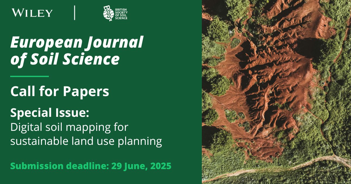 Wiley Earth and Space Science (@wileyearthspace) on Twitter photo Still time to submit!
We're seeking cutting-edge research in Digital Soil Mapping (DSM)! Topics include spatial sampling, data processing, innovative soil covariates, new models and making DSM operational.
🔗: ow.ly/cXYi50W79of
<a href="/Soil_Science/">British Society of Soil Science</a> <a href="/ejsoilscience/">European Journal of Soil Science</a> <a href="/SUMjournal/">Soil Use and Management</a> Still time to submit!
We're seeking cutting-edge research in Digital Soil Mapping (DSM)! Topics include spatial sampling, data processing, innovative soil covariates, new models and making DSM operational.
🔗: ow.ly/cXYi50W79of
<a href="/Soil_Science/">British Society of Soil Science</a> <a href="/ejsoilscience/">European Journal of Soil Science</a> <a href="/SUMjournal/">Soil Use and Management</a>