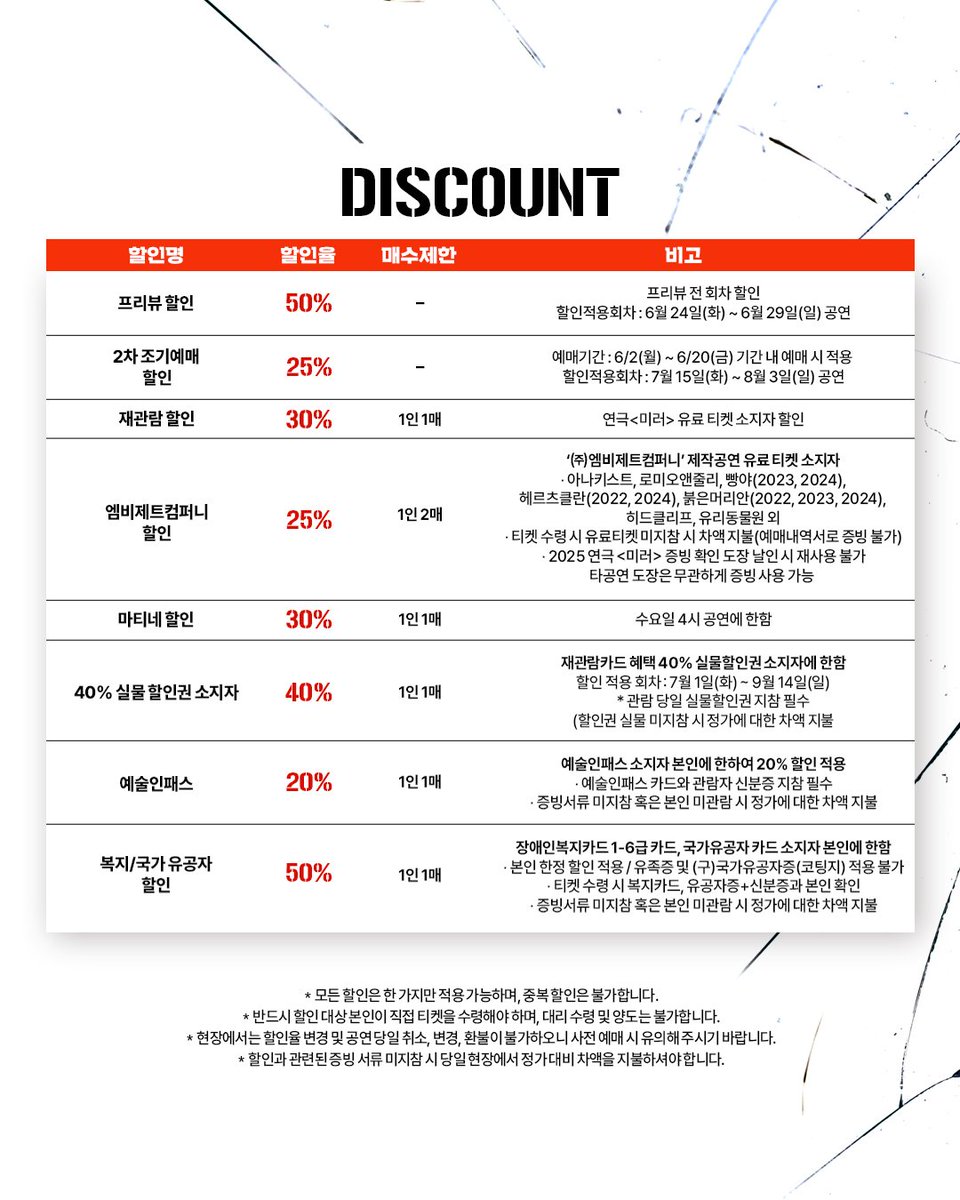 [#연극미러] 2차 티켓 오픈

조기예매 할인 적용 기간 변경 안내

오픈 회차 | 7/15(화) ~ 8/3(일)
조기예매 할인 적용 기간 | ~ 6/20(금)

2차 티켓 오픈 조기 예매 할인 기간을 변경하여 운영하고자 합니다. 
자세한 내용은 이미지를 통해 확인해 주시기 바랍니다. 
 - 
연극 <미러(A Mirror)>
2025.