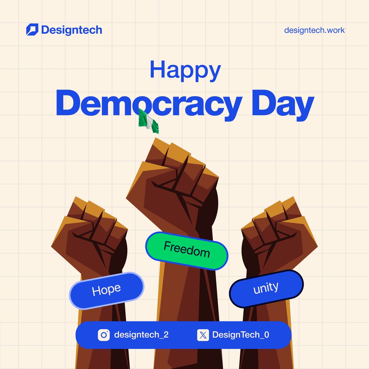 DesignTech_0's tweet image. Happy Democracy Day✊🏽🇳🇬
Today, we celebrate Democracy Day in Nigeria, a day to remember the progress we've made as a nation and to reflect on the values of freedom, equality, and justice.