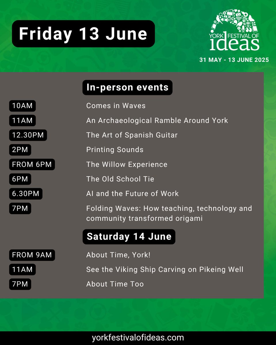 Can you believe it's the last official day of York Festival of Ideas 2025? We've loved bringing this year's Festival to you - and we hope you've enjoyed it as much as we have? 

We've still got a handful of events happening today. Enjoy! 

#YorkIdeas
