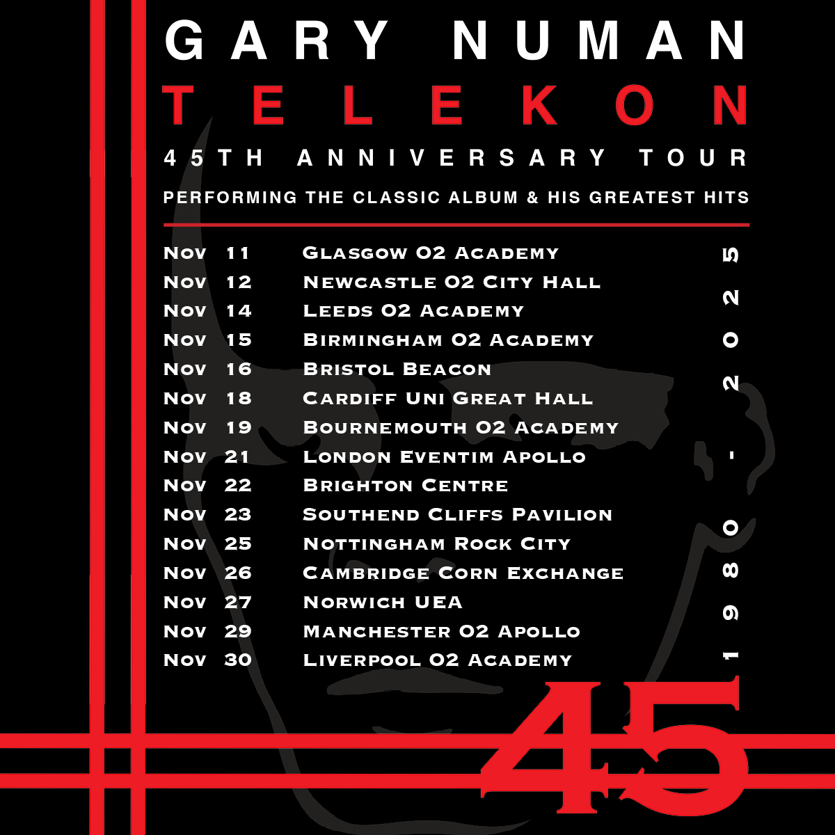 O2 Academy Bournemouth (@o2academybmouth) on Twitter photo NEW: The pioneer of electronic music <a href="/numanofficial/">Gary Numan</a> returns to #O2AcademyBournemouth on Wed 19 Nov as part of his new 45th anniversary tour 'Telekon'.
Get your 48-hour early access Priority Tickets from 9am on Wed 18 Jun ๐ amg-venues.com/h2TT50W8QqT NEW: The pioneer of electronic music <a href="/numanofficial/">Gary Numan</a> returns to #O2AcademyBournemouth on Wed 19 Nov as part of his new 45th anniversary tour 'Telekon'.
Get your 48-hour early access Priority Tickets from 9am on Wed 18 Jun ๐ amg-venues.com/h2TT50W8QqT