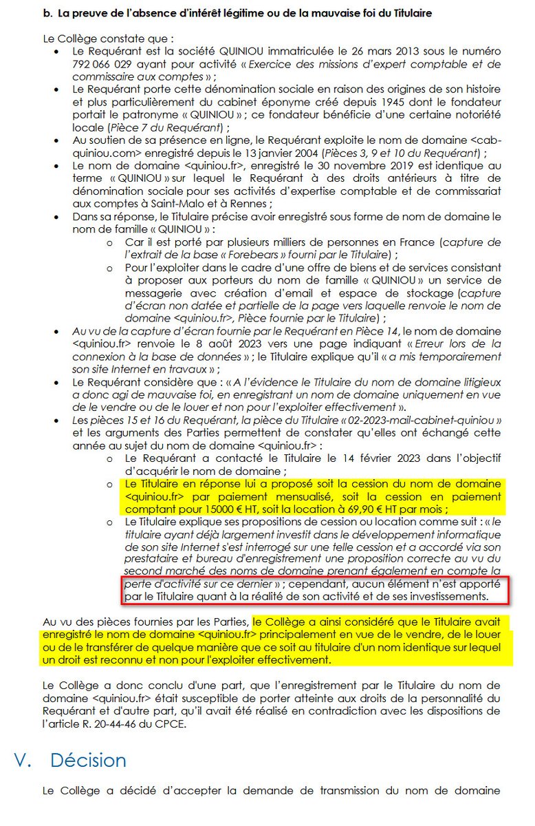 Enregistrement d'un nom de famille en .FR et Syreli.

Un domaineur a réservé le patronyme <quiniou .fr> et, contacté par une société qui exerce sous cette déno depuis 2013, l'a proposé à la vente pour 15k€.

Refus du titulaire, Syreli, et décision sévère

syreli.fr/decisions/tele…