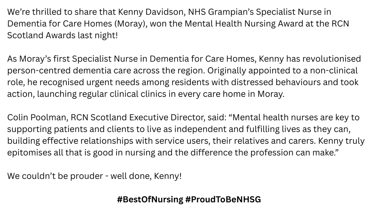 We’re thrilled to share that Kenny Davidson, NHS Grampian’s Specialist Nurse in Dementia for Care Homes (#Moray), won the Mental Health Nursing Award at the <a href="/RCNScot/">RCN Scotland</a> Awards last night! 🥳🏆 

#BestOfNursing #ProudToBeNHSG

<a href="/HSCMoray/">HSCMoray</a> <a href="/DrGrays_Elgin/">Dr Gray's Hospital</a>