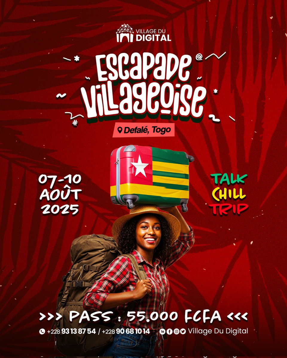 Envie de te déconnecter, explorer, collaborer et te ressourcer ?

Le Village du Digital revient du 07 au 10 août 2025 à Defalé (Togo) !

Rejoins-nous dès maintenant. Ouvert à tous.tes

🎟️ Pass : 55.000 FCFA
📍 Inscription via : bit.ly/RegisterVDDTogo

#VDD2025 #VillageDuDigital