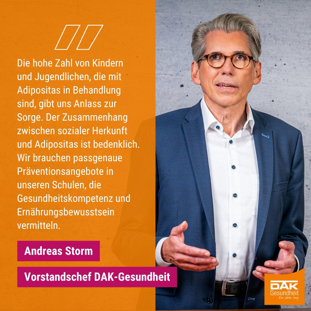 Studie zu #Adipositas: Kinder aus ärmeren Familien sind deutlich häufiger betroffen. <a href="/StormAndreas/">Andreas Storm</a> fordert mehr Präventionsangebote an Schulen. <a href="/BVKJ/">BVKJ</a>: Zusammenhang zwischen Adipositas und sozialer Ungleichheit ist „alarmierend“. #KJR
Mehr: dak.de/presse/bundest…