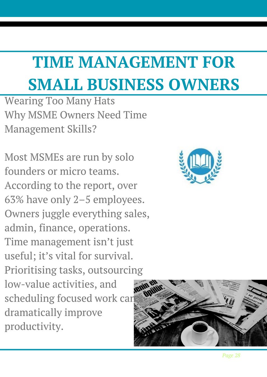 nfla_advocacy's tweet photo. When you’re doing it all, time is everything.
With over 63% of MSMEs having just 2–5 employees, time management becomes a survival skill. Prioritise, outsource, and focus to stay ahead. 
#MSMEChallenges #TimeManagement #WorkSmart https://t.co/TWRUIZYmnd