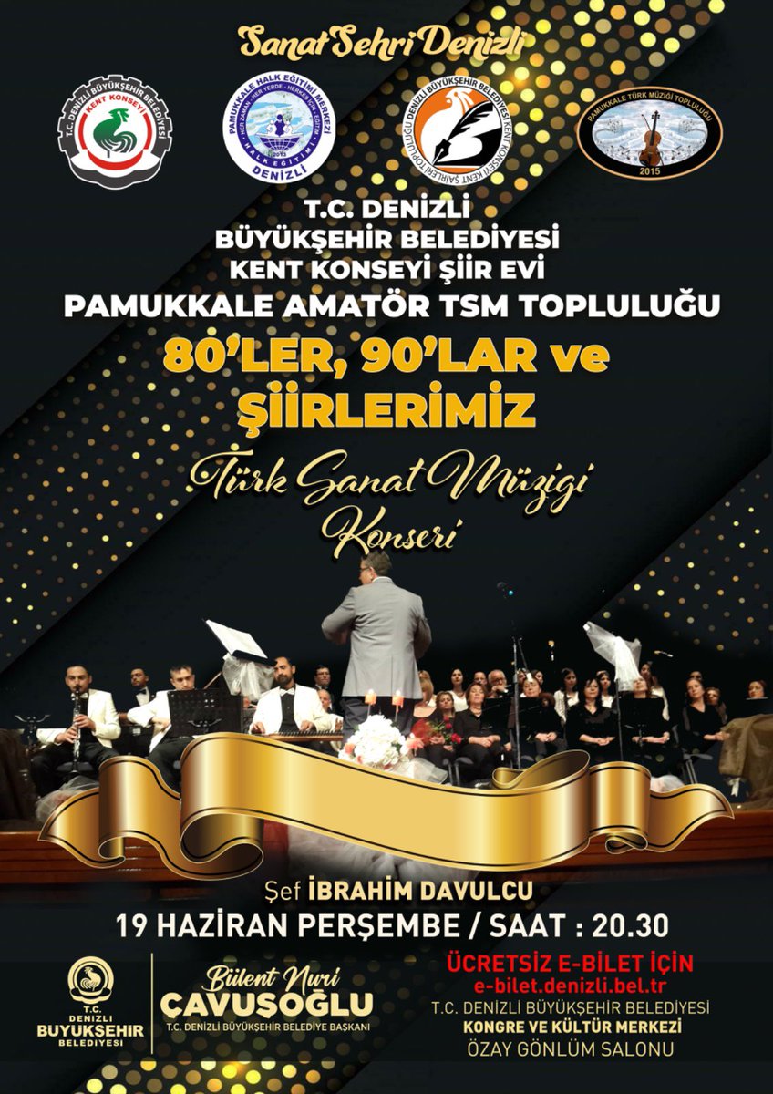Denizli, 80’ler &amp; 90’lar Konserine Hazır Mısın? 🎉🎉
Denizli Büyükşehir Belediyesi Kent Konseyi Şiir Evi olarak, sizleri geçmişin en güzel melodileri ile buluşturuyoruz! Tüm halkımız davetlidir. Nostalji dolu bir gece sizi bekliyor.

<a href="/BNuriCavusoglu/">Bülent Nuri Çavuşoğlu</a> 
<a href="/tcdenizlibld/">T.C. Denizli Büyükşehir Belediyesi🇹🇷</a> 
@_AliMarim
