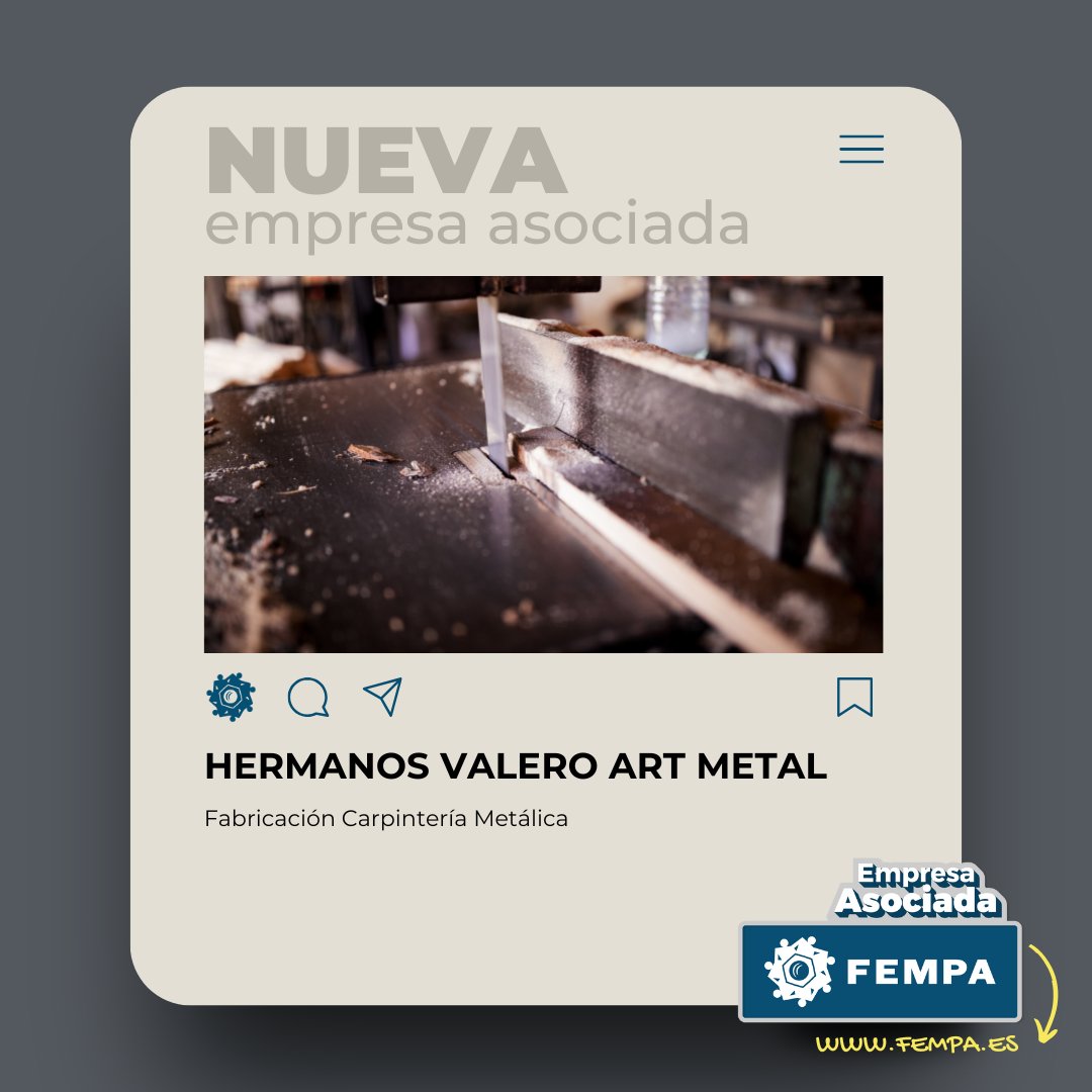 ⭐ #HernamosValeroArtMetal⭐ Nuevo #ASOCIADO de #FEMPA.
ℹ️ Descubre las ventajas de nuestras #EmpresasAsociadas en nuestra web! fempa.es/servicios/serv…
#AsociadosFEMPA #FEMPAContigo #SectorMetalAlicante