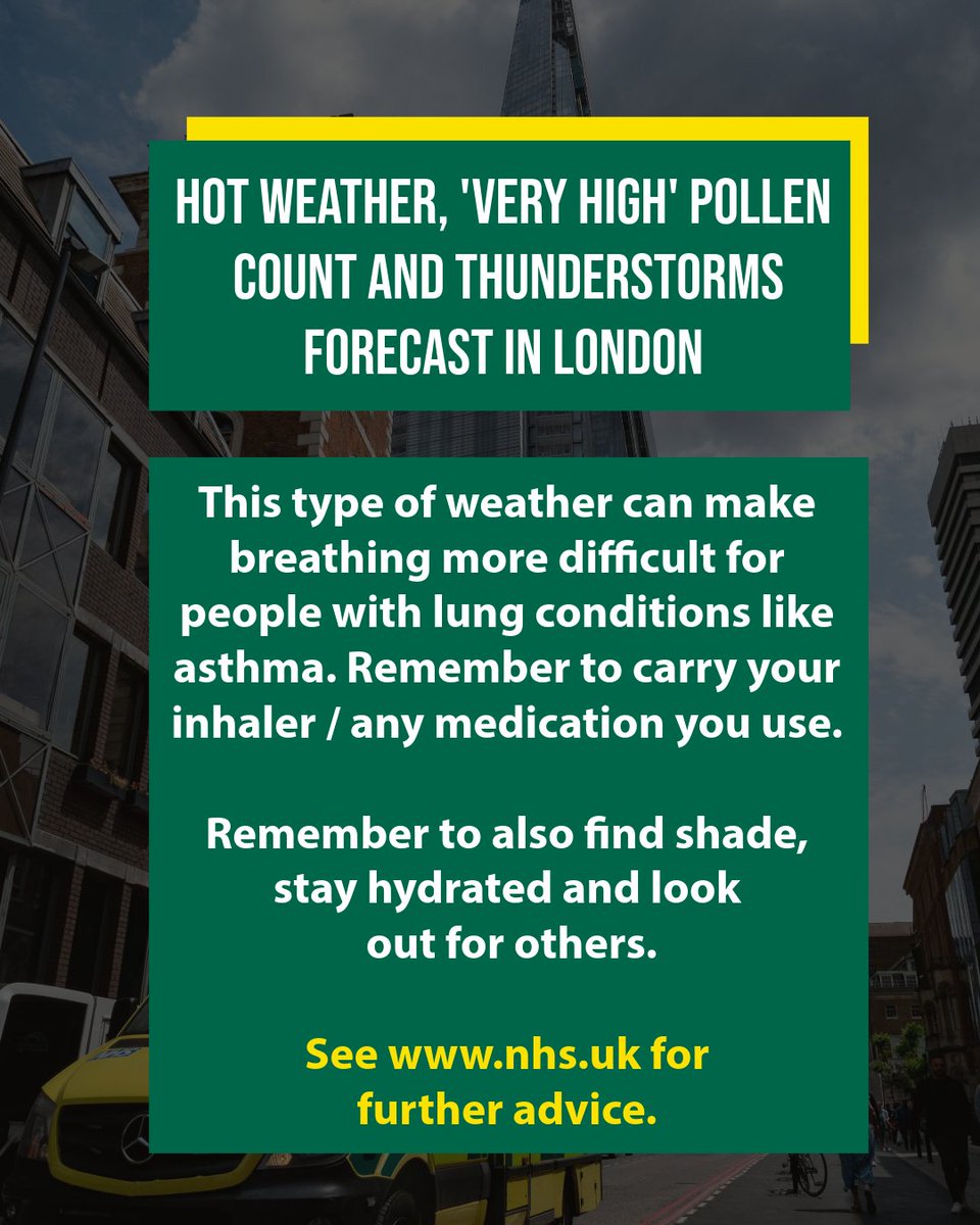 We are seeing more 999 calls related to breathing difficulties this week due to hot weather and 'Very High' pollen count, with a thunderstorms also forecast this weekend.

Remember to stay hydrated, carry inhalers / any medication you use and take extra care when travelling.