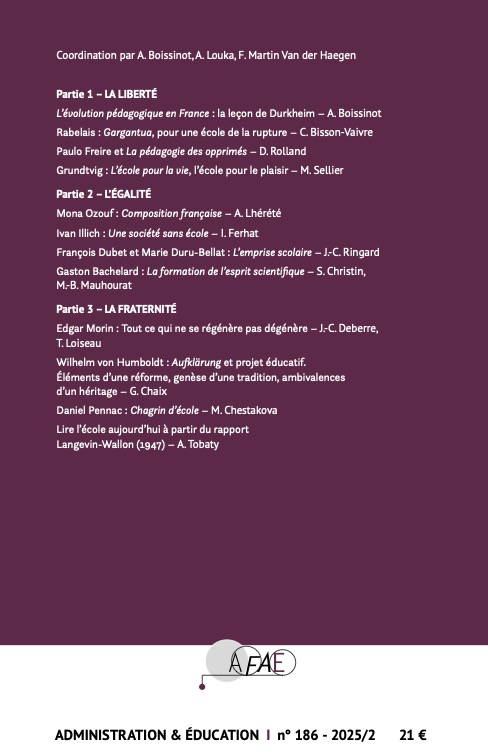 Parution du dernier numéro de notre revue Administration &amp; Éducation (N°   186 - 2025/2) :

"Douze lectures pour repenser l'école
Perspectives vers demain"

Coord. : A. Boissinot, A. Louka et F. Martin Van der Haegen

afae.fr/publications-n…