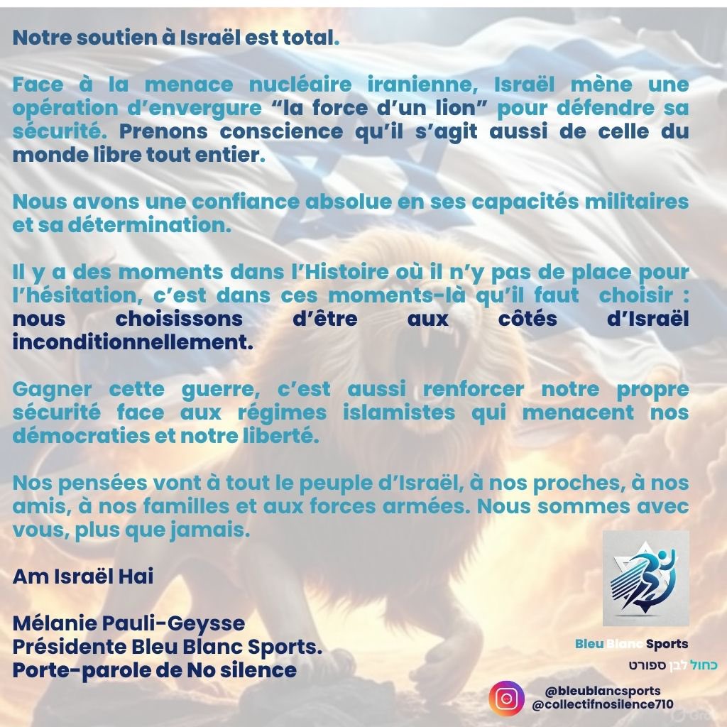 mpauligeysse's tweet photo. Notre soutien #BleuBlancSports et @nosilence710 à l’opération « la force d’un lion » Face à la menace nucléaire iranienne, Israël agit pour défendre sa sécurité et celle du monde libre. Nous sommes à ses côtés. contre les régimes islamistes.

#StandWithIsrael https://t.co/HKFIU3Yq5k