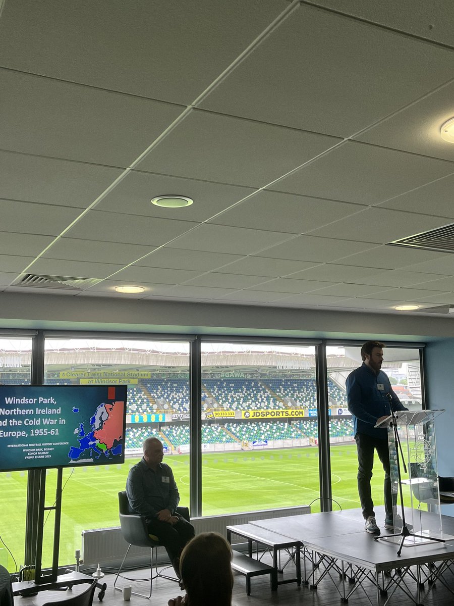 Our #footycon25 presentations are underway with one of our co-organisers <a href="/minto91/">Conor Murray</a> discussing the roles of Windsor Park, Northern Ireland in the Cold War between 1955-1961