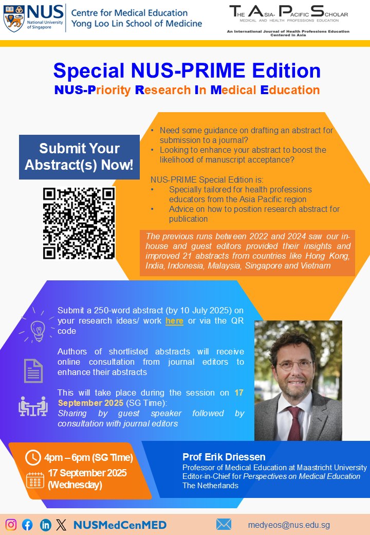 Having an issue drafting an abstract for your health professions educational research and want some expert guidance?

📝Submit an abstract for the NUS-PRIME Special Edition now - nus.syd1.qualtrics.com/jfe/form/SV_dh…

#MedED #ResearchAbstracts #AcademicPublishing