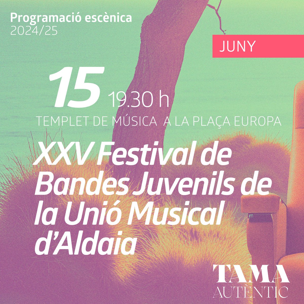 TAMA. Teatre Auditori Municipal d'Aldaia (@tamaldaia) on Twitter photo 🎺 XXV Festival de Bandes Juvenils de la Unió Musical d'Aldaia.
🗓 15 de juny | 🕖 19.30 h
📍 Templet de Música de la Plaça Europa
🎟 Entrada lliure
Tradició, talent i emoció en estat pur. No t'ho perdes! 🎶
#TAMAautèntic <a href="/Ajuntaldaia/">Ajuntament d'Aldaia</a> <a href="/amicsUMA/">Unió Musical Aldaia</a> 🎺 XXV Festival de Bandes Juvenils de la Unió Musical d'Aldaia.
🗓 15 de juny | 🕖 19.30 h
📍 Templet de Música de la Plaça Europa
🎟 Entrada lliure
Tradició, talent i emoció en estat pur. No t'ho perdes! 🎶
#TAMAautèntic <a href="/Ajuntaldaia/">Ajuntament d'Aldaia</a> <a href="/amicsUMA/">Unió Musical Aldaia</a>