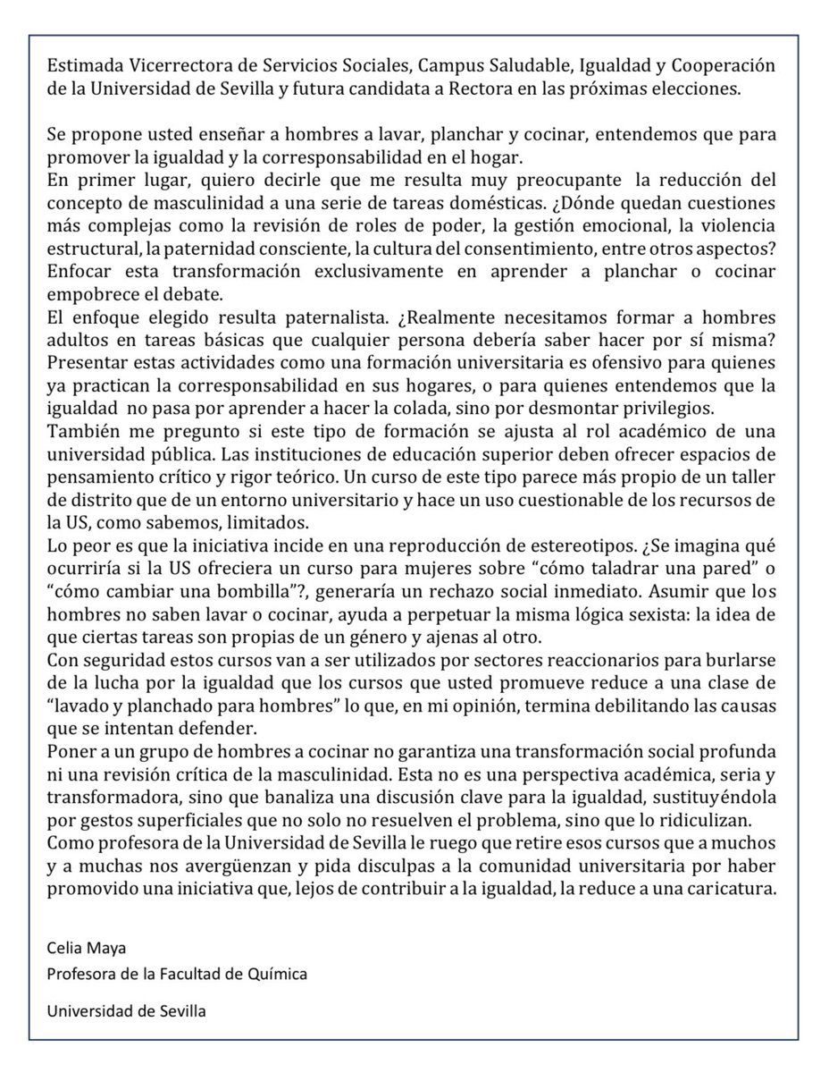 Carta abierta a la Vicerrectora de Servicios Sociales de la #UniversidaddeSevilla ,  <a href="/unisevilla/">Universidad de Sevilla</a> 
En relación con el Curso para la ‘Construcción de Nuevas Masculinidades en el hogar’ 
<a href="/diariosevilla/">Diario de Sevilla</a> 
diariodesevilla.es/sevilla/constr…