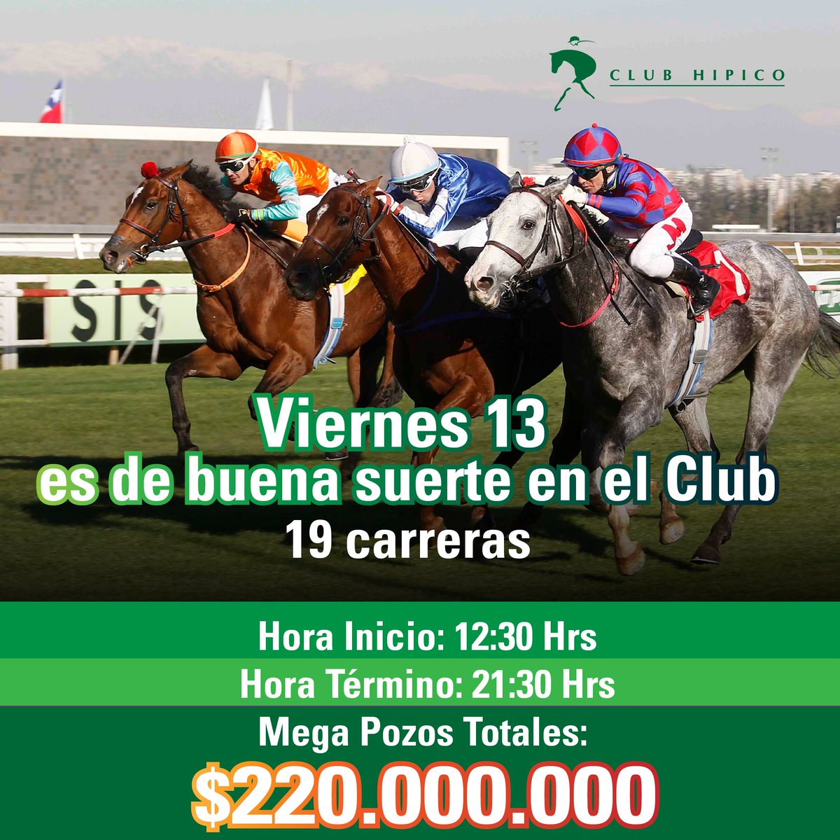 🍀 VIERNES 13 ES UN DÍA DE LA SUERTE EN EL CLUB HÍPICO

Desde las 12:30 horas viviremos une nueva reunión en nuestro recinto. Tendremos 19 compromisos y dos atractivos premios clásicos.